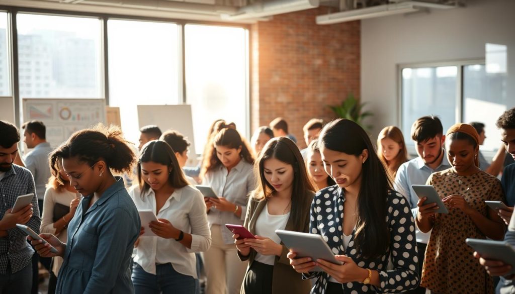 A bustling office scene, sunlight streaming through large windows. In the foreground, a diverse group of non-native English entrepreneurs, each focused on their digital devices, immersed in their online ventures. Varied skin tones, styles of dress, and body language convey a melting pot of cultures and backgrounds. In the middle ground, whiteboards and screens display data visualizations, website mockups, and digital marketing plans. The atmosphere is one of collaboration, determination, and a shared sense of purpose in breaking down language barriers to build successful digital businesses.