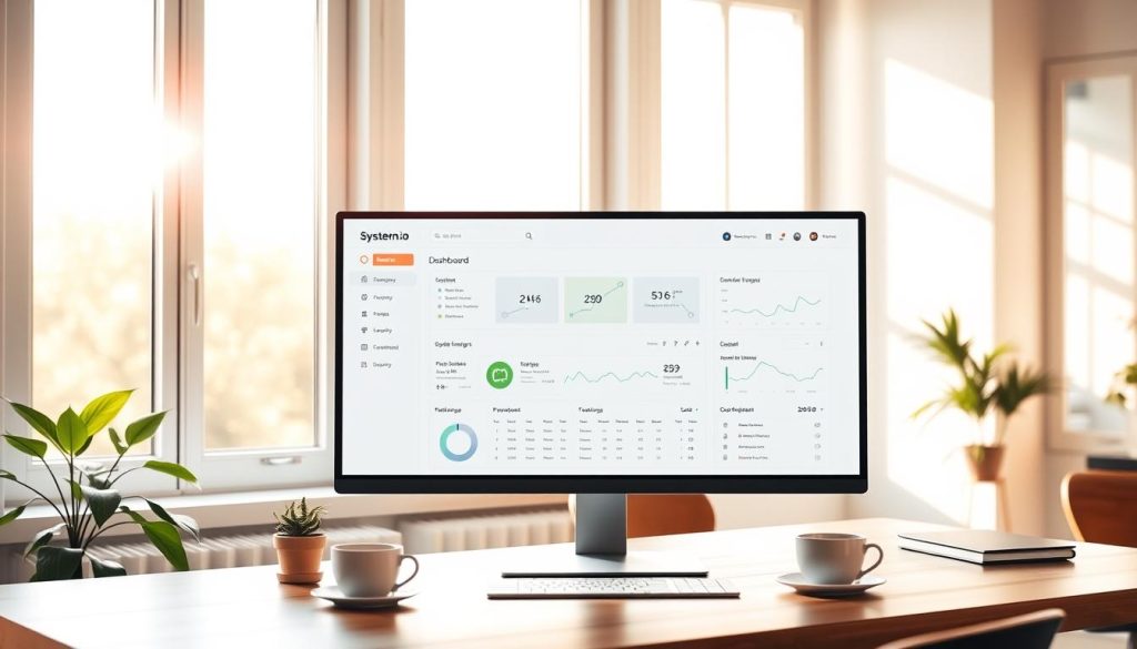 A clean, well-organized Systeme.io dashboard with a minimalist design, displayed on a large desktop monitor in a bright, airy home office setting. The dashboard features intuitive navigation, clear data visualizations, and a seamless user interface. Warm, natural lighting filters through large windows, casting a soft glow over the workspace. The monitor is positioned on a sleek, wooden desk, with a plant and a cup of coffee nearby, creating a productive and inspirational atmosphere. The overall scene conveys a sense of efficiency, control, and confidence in managing a thriving digital product business.