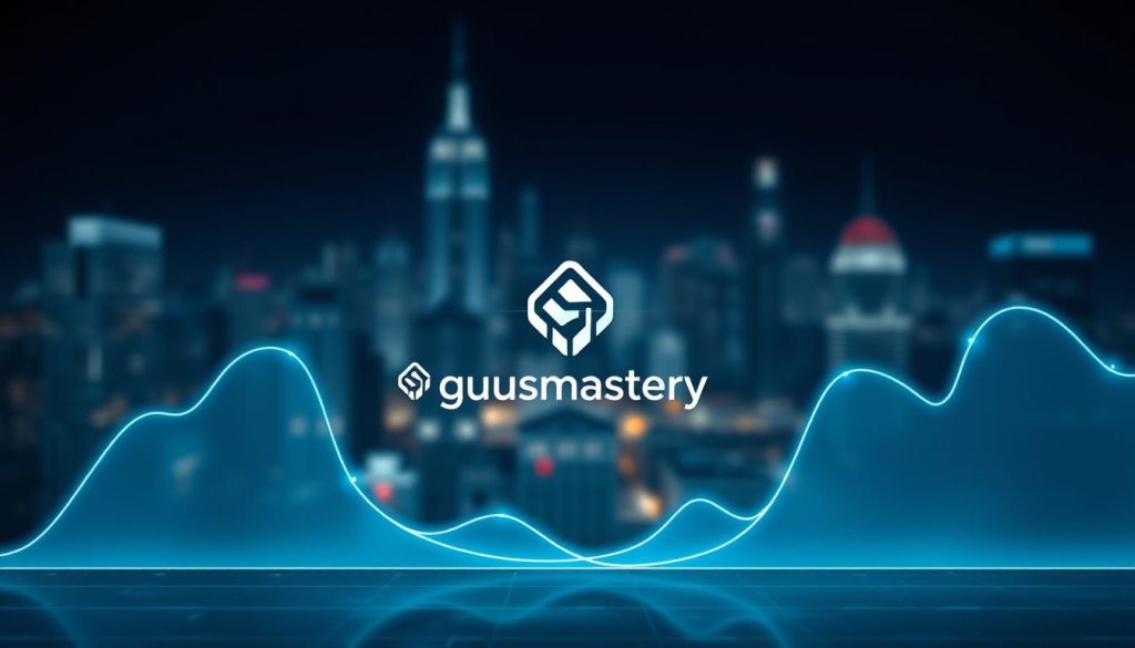 A detailed data visualization showcasing the evolution of search visibility trends, rendered in a sleek, minimalist style. The foreground features a holographic line graph, its curves undulating to depict the ebb and flow of online visibility over time. Centered in the middle ground, the giusmastery brand logo stands out, its modern typography and geometric design complementing the data visualization. The background is a softly blurred cityscape, hinting at the interconnected digital landscape of modern SEO. Rendered with a cool color palette and dramatic chiaroscuro lighting, the overall image conveys the importance of AI-powered search insights in driving successful online strategies.