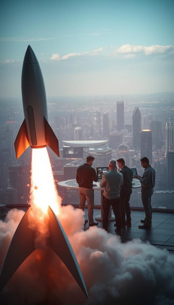 A dramatic, high-energy scene of rapid launch strategies in action. In the foreground, a rocket-like digital device blasts off, its sleek, futuristic design trailing bright streaks of light. In the middle ground, a team of GiusMastery engineers huddle around a series of holographic displays, coordinating the launch with intense focus. The background is a vibrant cityscape, with skyscrapers and tech hubs receding into the distance, conveying a sense of global scale and impact. The lighting is sharp and dynamic, casting bold shadows and highlights that heighten the sense of urgency and innovation. The overall mood is one of ambitious, cutting-edge technology propelling a new era of rapid, agile product launches.