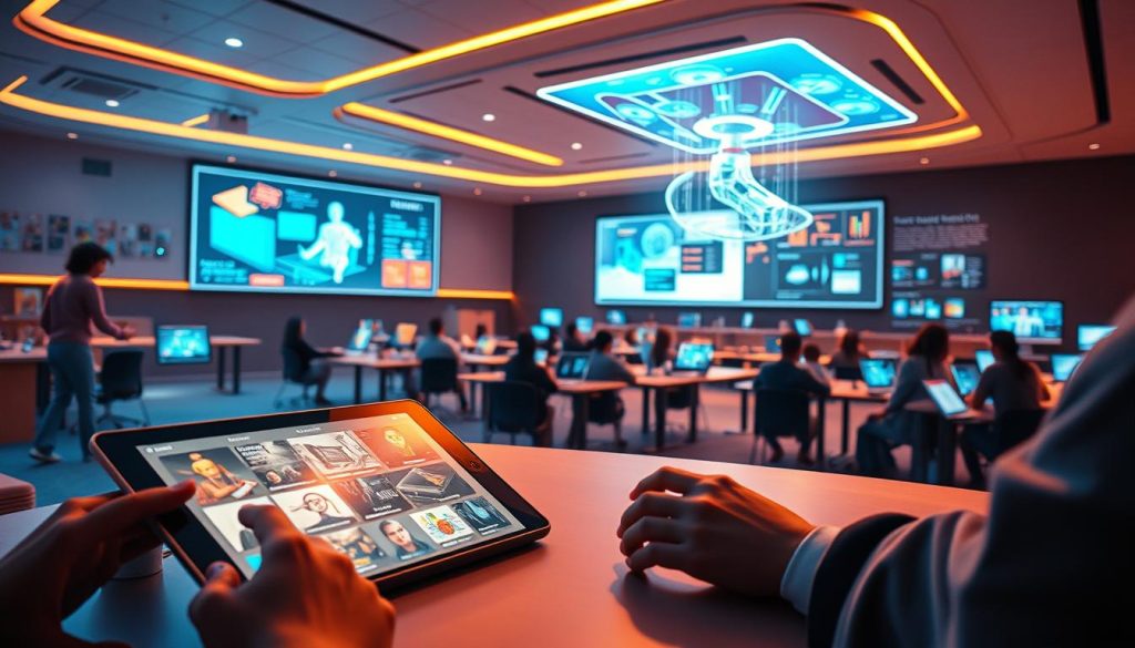 A futuristic learning landscape, bathed in warm, soft lighting, showcases a range of GiusMastery e-learning solutions. In the foreground, a sleek, interactive tablet displays bite-sized lessons, engaging learners with vibrant visuals and intuitive controls. In the middle ground, a holographic projection system beams immersive, 3D learning experiences, allowing users to explore complex concepts in an immersive, hands-on manner. The background features a panoramic view of a modern, technology-driven classroom, where learners collaborate on interactive whiteboards and access personalized learning paths on their devices. The overall atmosphere conveys a sense of innovation, connectivity, and the transformative power of GiusMastery's e-learning ecosystem.