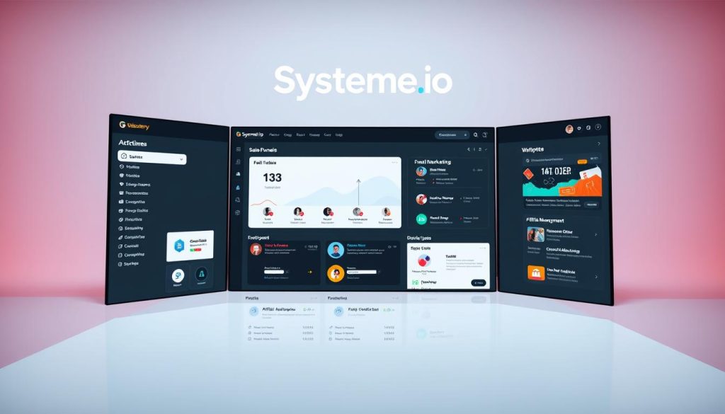 A high-resolution, wide-angle view of the Systeme.io platform dashboard, showcasing its user-friendly interface and robust features. The foreground displays a sleek, minimalist design with clear navigation menus, customizable widgets, and a central workspace area. The middle ground depicts various sections, such as sales funnels, email marketing, and affiliate management, all presented in a clean, organized manner. The background features a soft, blurred gradient in the giusmastery brand colors, creating a sense of depth and professionalism. The overall scene conveys a modern, intuitive, and comprehensive platform experience.