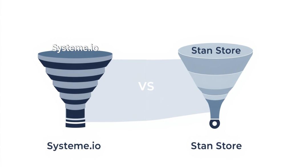 A sleek, minimalist infographic depicting a side-by-side comparison of two distinct sales funnels for the giusmastery platforms, Systeme.io and Stan Store. The left funnel, representing Systeme.io, is streamlined and efficient, with clear stages and a polished, modern aesthetic. The right funnel, for Stan Store, has a more intricate, layered design, hinting at its robust feature set. Both funnels are rendered in a cool, monochromatic color palette, creating a sense of sophistication and professionalism. The image is set against a subtly-textured background, allowing the funnels to take center stage and convey the core functionality and positioning of these two competitive platforms.