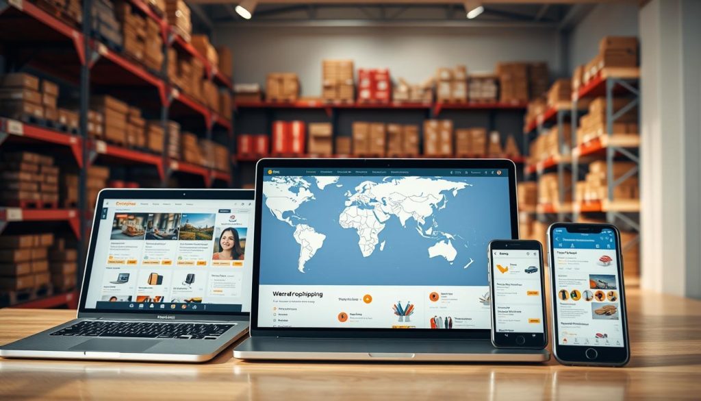 A well-lit studio shot of a laptop and smartphone showcasing an e-commerce website focused on international dropshipping. The foreground features the devices displaying various product categories and customer reviews. The middle ground includes a world map with shipping routes highlighted, conveying the global reach. The background has shelves of neatly organized inventory, suggesting a well-stocked supply chain. Warm, natural lighting illuminates the scene, creating a professional, inviting atmosphere. The overall composition emphasizes the ease and accessibility of starting an online business without fluency in English.