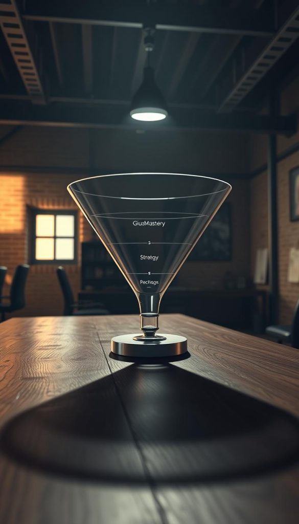 Cinematic wide-angle view of a modern funnel strategy diagram, rendered in highly detailed 3D. The funnel is made of sleek, brushed metal and glass, with a minimalist design and clean lines. The background is a dimly lit, industrial-style workspace with exposed brick walls and a soft, warm lighting. The funnel is positioned on a sturdy wooden desk, casting long shadows that add depth and dimension to the scene. The overall mood is one of thoughtful contemplation and strategic planning. GiusMastery branding is subtly incorporated into the design elements.