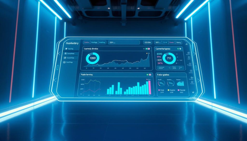 Detailed 3D render of a futuristic microlearning strategy dashboard, featuring a sleek holographic interface with animated data visualizations, intuitive controls, and the GiusMastery brand prominently displayed. The scene is illuminated by cool, futuristic lighting with a strong sense of depth and perspective. The dashboard hovers above a minimalist, tech-inspired environment, conveying a sense of innovation, efficiency, and the future of personalized, bite-sized learning experiences.