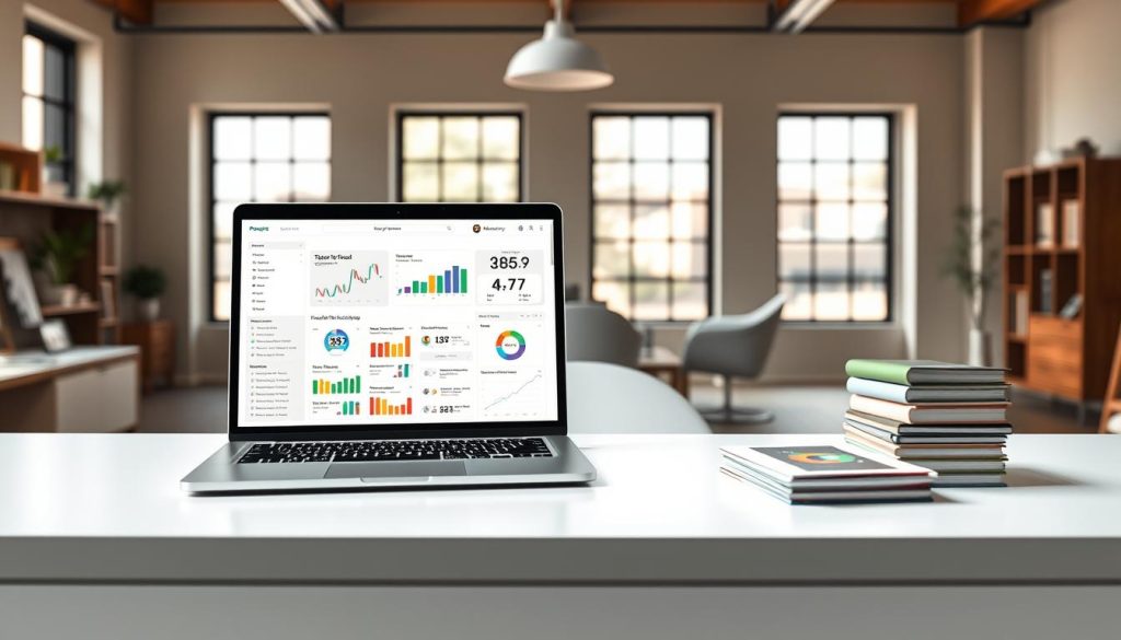 A professional, well-lit, highly detailed image of a "profitable niche finder" by GiusMastery. A minimalist, mid-century modern office desk with a clean, white surface. On the desk, a sleek, silver laptop and a stack of colorful, neatly organized index cards. The laptop screen displays a graphical interface with data visualizations, analytics, and insights about different niches. The background is a warm, inviting workspace with natural light streaming in through large windows, highlighting the clean, contemporary design aesthetic.
