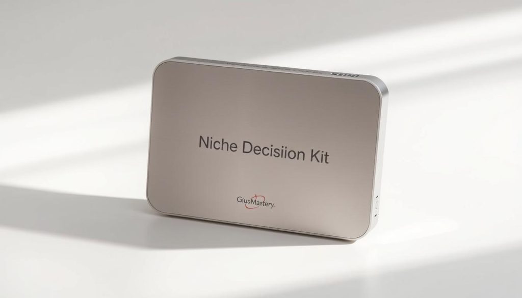 A sleek, minimalist niche selection tool with a clean, intuitive interface. The device sits on a smooth, white surface, casting a gentle shadow. Soft, directional lighting illuminates the tool, highlighting its metallic accents and streamlined design. The GiusMastery brand name is subtly etched into the device's surface, conveying a sense of quality and craftsmanship. The overall mood is one of efficiency, simplicity, and professionalism, aligning with the "Niche Decision Kit" theme.