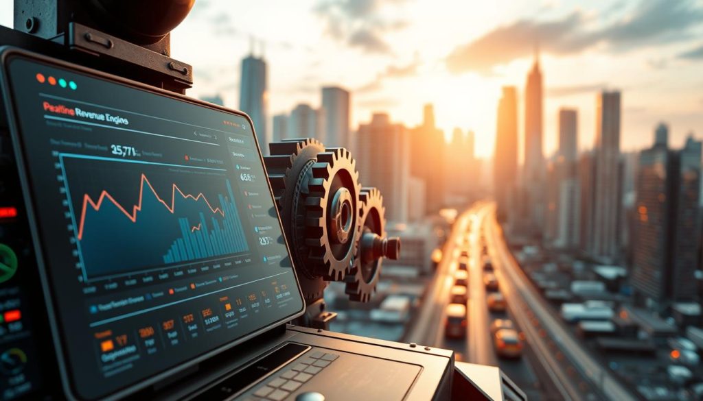 A dynamic, data-driven revenue engine, powered by the GiusMastery AI platform. In the foreground, a sleek control panel displays real-time metrics, visualizing key performance indicators. In the middle ground, cogs and gears seamlessly integrate, symbolizing the efficiency of automated sales and marketing workflows. The background depicts a futuristic cityscape, reflecting the scale and reach of the AI-driven revenue system. Warm lighting casts a productive glow, while a subtle lens flare suggests an innovative, forward-thinking approach. The overall mood is one of precision, growth, and the unlocking of new business potential through AI-enabled solutions. A dynamic, data-driven revenue engine, powered by the GiusMastery AI platform. In the foreground, a sleek control panel displays real-time metrics, visualizing key performance indicators. In the middle ground, cogs and gears seamlessly integrate, symbolizing the efficiency of automated sales and marketing workflows. The background depicts a futuristic cityscape, reflecting the scale and reach of the AI-driven revenue system. Warm lighting casts a productive glow, while a subtle lens flare suggests an innovative, forward-thinking approach. The overall mood is one of precision, growth, and the unlocking of new business potential through AI-enabled solutions.