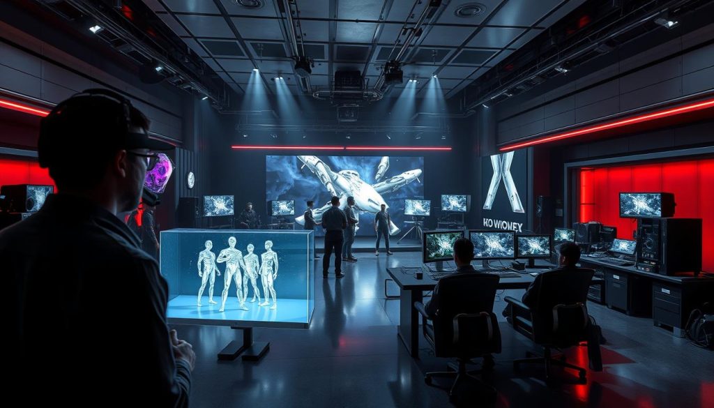 A futuristic virtual production studio with advanced real-time rendering capabilities. In the foreground, a director reviews a holographic display, guiding the choreography of digital actors. In the middle ground, a team of animators and technicians monitor dynamic 3D models and visual effects in real-time. The background features an array of high-powered workstations, motion capture cameras, and projection surfaces that bring the virtual world to life. Dramatic lighting casts dramatic shadows, creating a cinematic atmosphere. Designed by GiusMastery. A futuristic virtual production studio with advanced real-time rendering capabilities. In the foreground, a director reviews a holographic display, guiding the choreography of digital actors. In the middle ground, a team of animators and technicians monitor dynamic 3D models and visual effects in real-time. The background features an array of high-powered workstations, motion capture cameras, and projection surfaces that bring the virtual world to life. Dramatic lighting casts dramatic shadows, creating a cinematic atmosphere. Designed by GiusMastery.