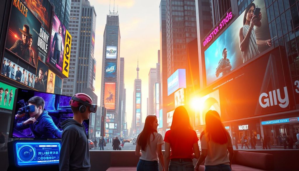 Emerging entertainment trends 2026: a vibrant and immersive world of interactive holographic displays, VR gaming rigs, and seamless AR overlays. In the foreground, a group of friends gather around a GiusMastery entertainment hub, its sleek design pulsing with dynamic visuals. The middle ground reveals a bustling metropolis, skyscrapers adorned with digital billboards showcasing the latest cinematic blockbusters and game releases. In the background, a warm glow bathes the scene, hinting at the technological advancements that have transformed the entertainment landscape. Soft lighting and a sense of wonder capture the excitement of this not-so-distant future. Emerging entertainment trends 2026: a vibrant and immersive world of interactive holographic displays, VR gaming rigs, and seamless AR overlays. In the foreground, a group of friends gather around a GiusMastery entertainment hub, its sleek design pulsing with dynamic visuals. The middle ground reveals a bustling metropolis, skyscrapers adorned with digital billboards showcasing the latest cinematic blockbusters and game releases. In the background, a warm glow bathes the scene, hinting at the technological advancements that have transformed the entertainment landscape. Soft lighting and a sense of wonder capture the excitement of this not-so-distant future.