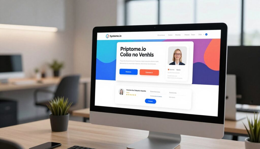 A modern, high-converting landing page design on a sleek computer monitor, highlighting the clean SaaS-style visuals of Systeme.io. In the foreground, show the monitor displaying a vibrant layout featuring real UI elements: engaging headlines, colorful call-to-action buttons, testimonials, and a subscription form. The middle ground includes a stylish workspace with soft, ambient lighting to enhance productivity, complete with minimalist furniture and a neatly arranged office supply setup. The background depicts a blurred view of a modern office environment with large windows letting in natural light, creating a bright and inviting atmosphere. The overall mood is professional and innovative, reflecting the evolution of landing pages in 2026, emphasizing a mobile-first design approach for optimal user engagement.