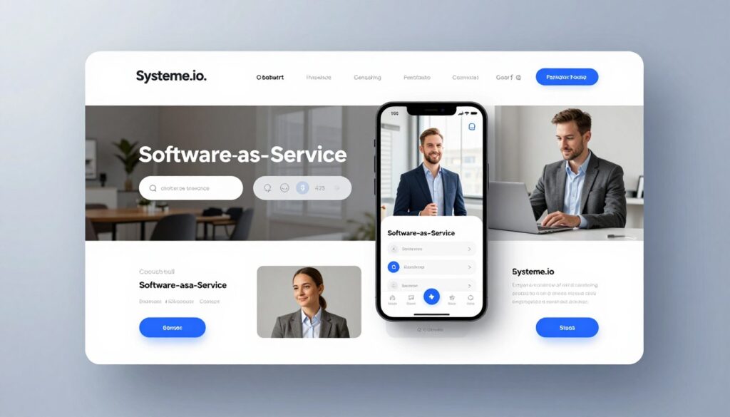 A sleek, modern landing page design showcasing a mobile-first layout for a fictional software-as-a-service (SaaS) product, highlighting the brand “Systeme.io.” The foreground features crisp, well-organized UI elements like call-to-action buttons, input fields, and eye-catching images. In the middle, a user interface mockup shows a user navigating the page on a smartphone, dressed in professional business attire, reinforcing the theme of conversion-focused design. The background is a subtle gradient, evoking a sense of calm professionalism, with soft lighting casting gentle shadows to enhance depth. The overall atmosphere should feel innovative and inviting, symbolizing optimism for effective landing page strategies that resonate with users in 2026.