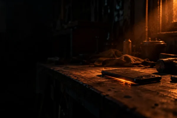 A phone glowing face down on a dark workbench next to hand tools, nobody there to answer it