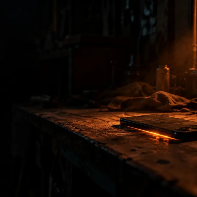 A phone glowing face down on a dark workbench next to hand tools, nobody there to answer it