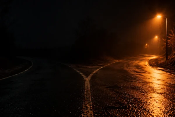 A night road splitting in two, one side lit by warm street lamps and the other disappearing into darkness