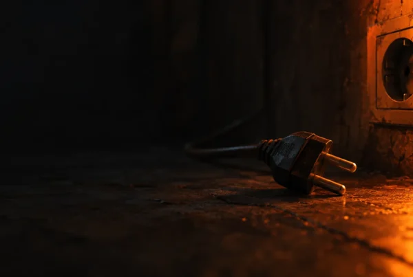 An unplugged power cable lying on a dark floor next to an empty wall socket