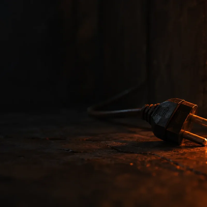 An unplugged power cable lying on a dark floor next to an empty wall socket