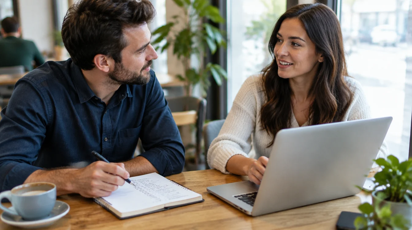A man with a notebook and a handwritten checklist asking questions to a web designer at a cafe table