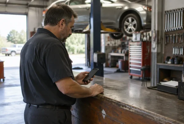 Owner of a small auto repair shop checking his business listing on a phone at the front counter
