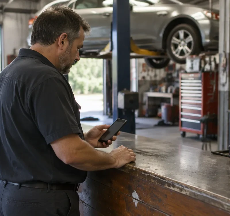 Owner of a small auto repair shop checking his business listing on a phone at the front counter