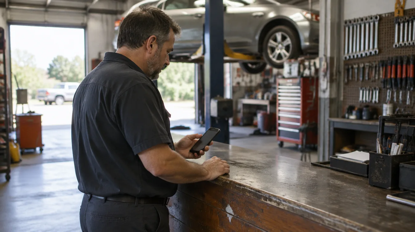 Owner of a small auto repair shop checking his business listing on a phone at the front counter