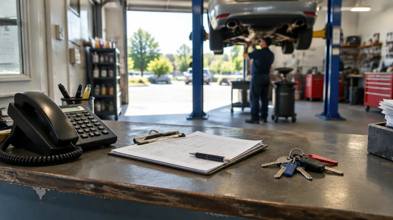 The front counter of a small auto repair shop with a desk phone and a car on a lift behind