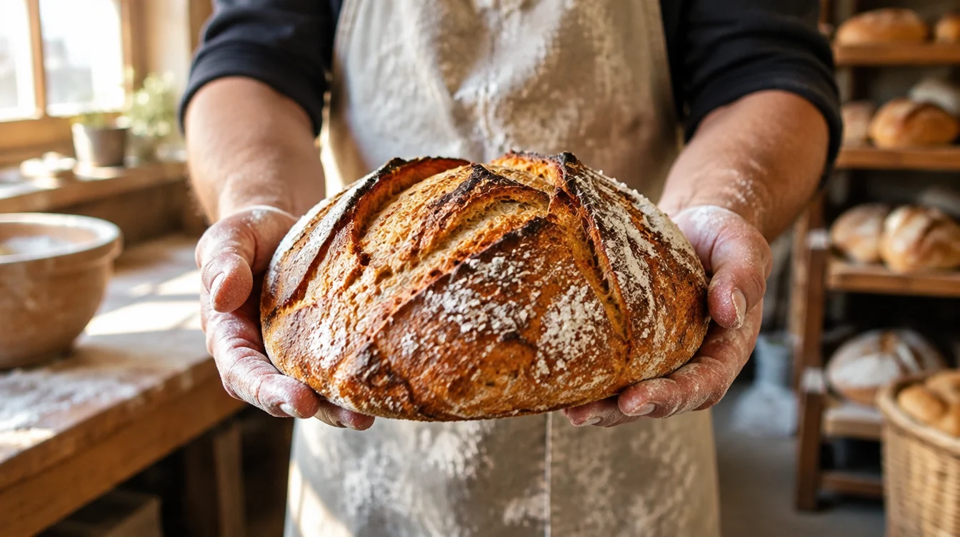 A baker's floury hands holding a freshly baked loaf of bread in a small bakery