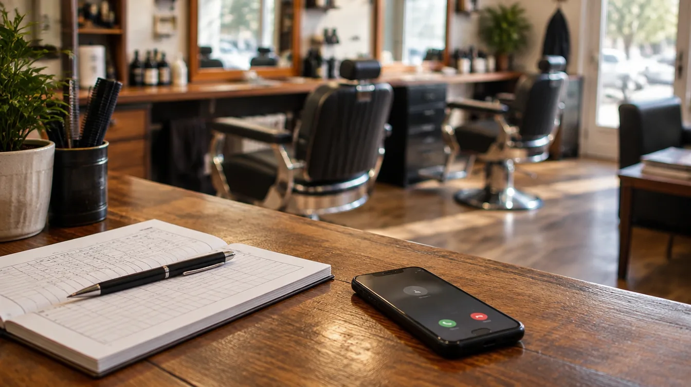 A phone and a paper appointment book on the counter of a small barber shop