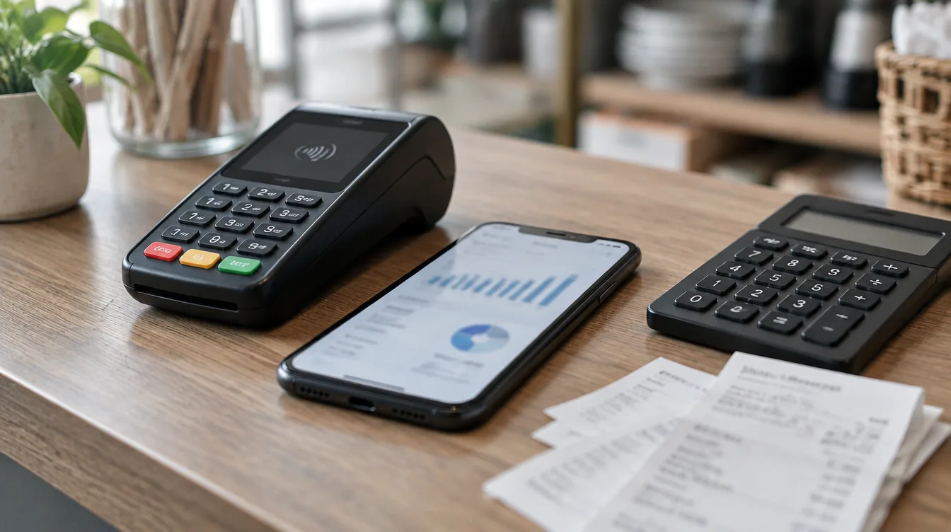 A card reader, a smartphone with a payments chart, a calculator and receipts on a shop counter