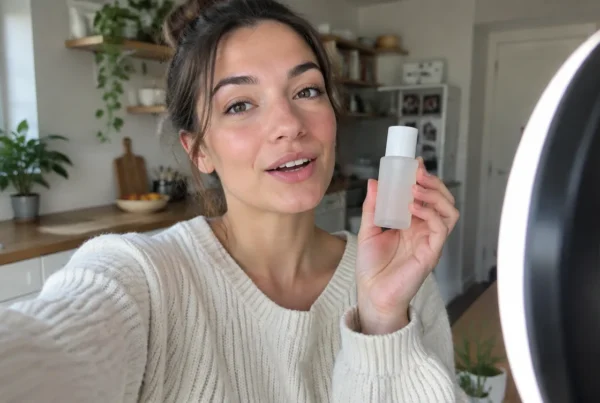 A woman filming a selfie video in her kitchen while holding a small skincare bottle