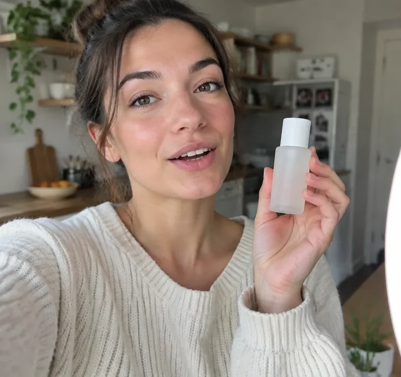 A woman filming a selfie video in her kitchen while holding a small skincare bottle