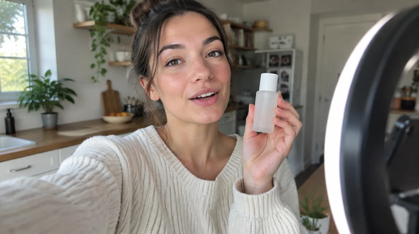 A woman filming a selfie video in her kitchen while holding a small skincare bottle