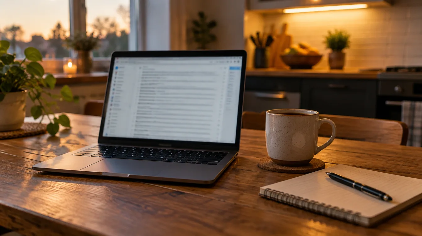 A laptop on a kitchen table showing an email list