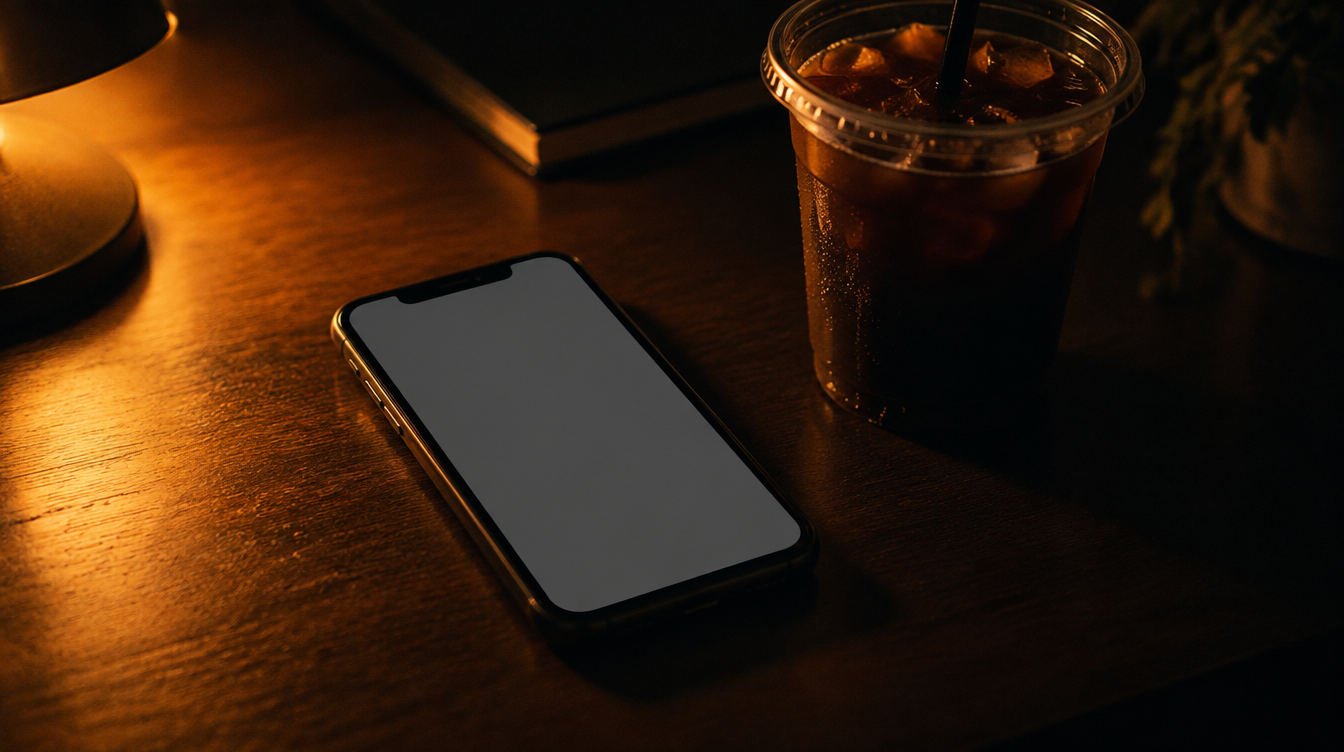 A phone on a dark desk showing an empty message list beside a cold drink