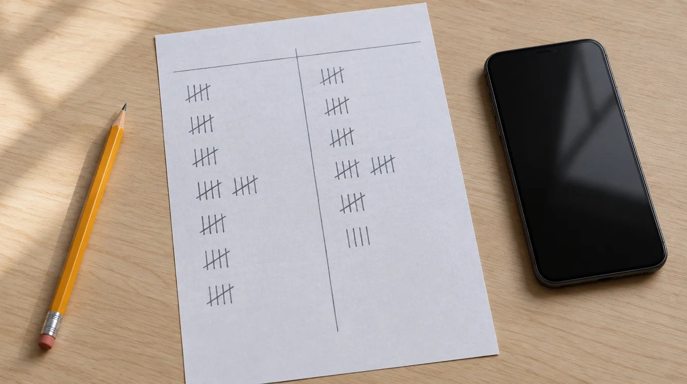 A paper tally sheet with pencil marks next to a smartphone and a pencil on a wooden desk