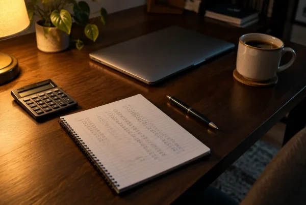 A calculator, a notepad with columns of figures, a pen and a coffee cup on a dark wooden desk