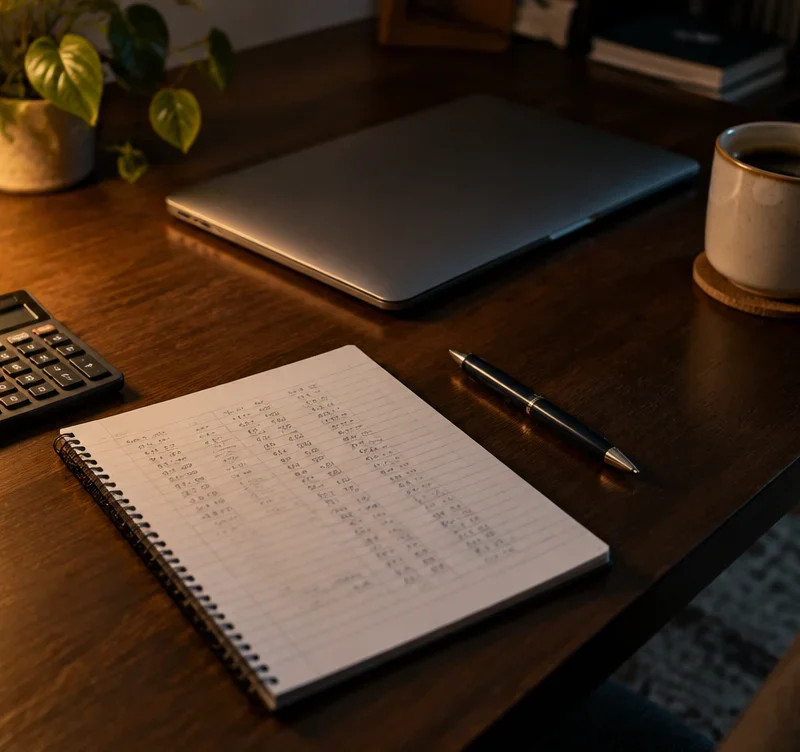 A calculator, a notepad with columns of figures, a pen and a coffee cup on a dark wooden desk