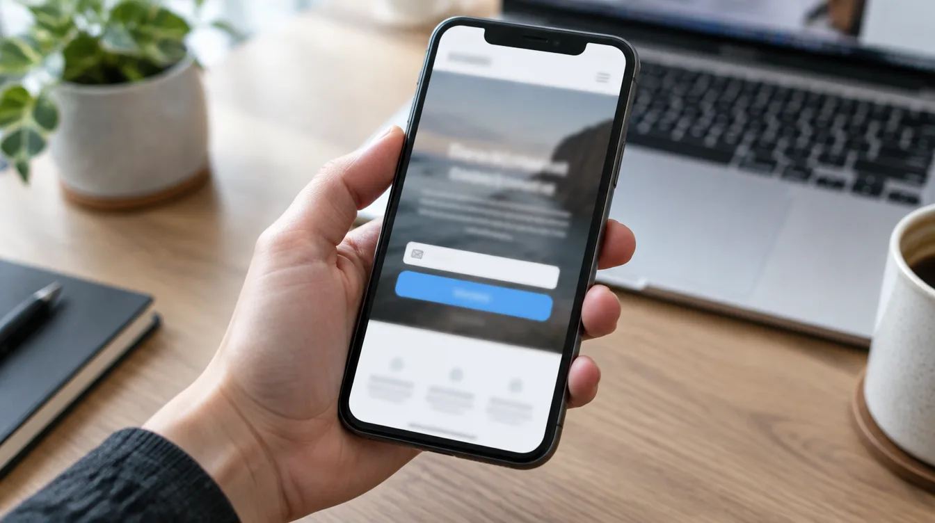 A hand holding a phone showing a simple landing page with an email sign up form