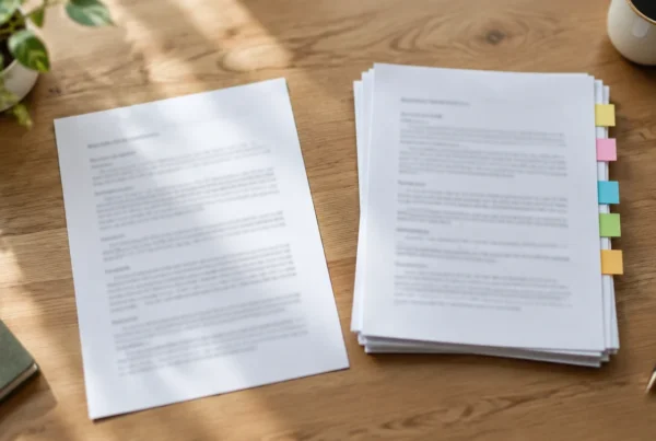 One printed page next to a small stack of pages with colored tabs on a wooden desk