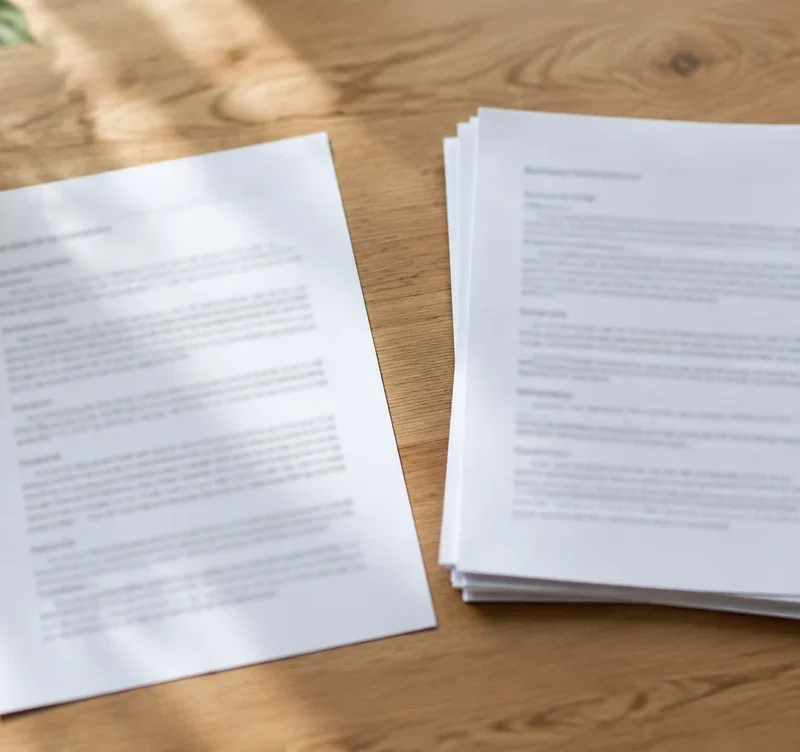 One printed page next to a small stack of pages with colored tabs on a wooden desk