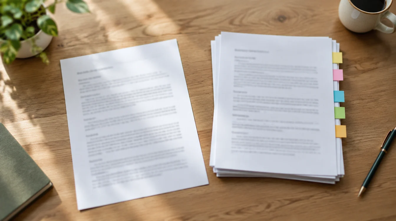 One printed page next to a small stack of pages with colored tabs on a wooden desk