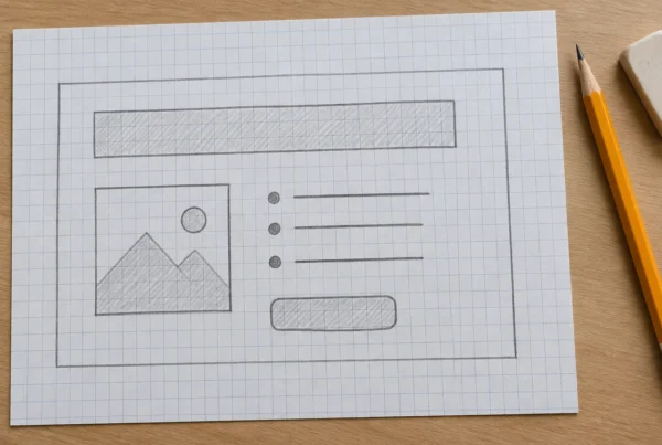 A hand drawn landing page wireframe on graph paper with a headline bar, a photo box, three lines and a button