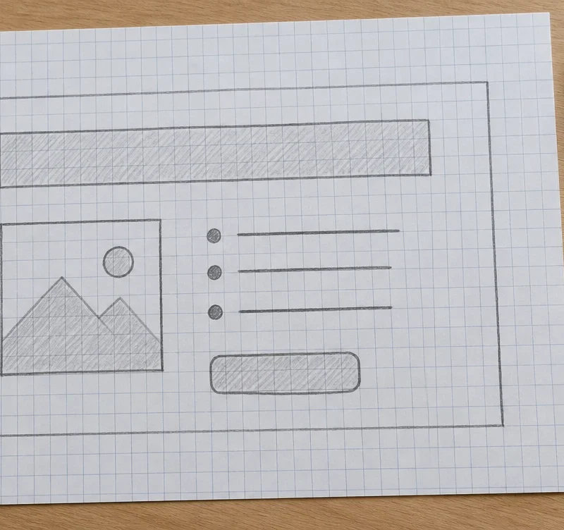 A hand drawn landing page wireframe on graph paper with a headline bar, a photo box, three lines and a button