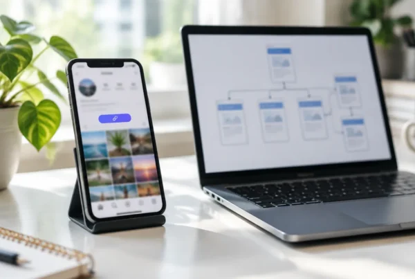 A phone showing a social profile with a link in bio next to a laptop showing a funnel diagram