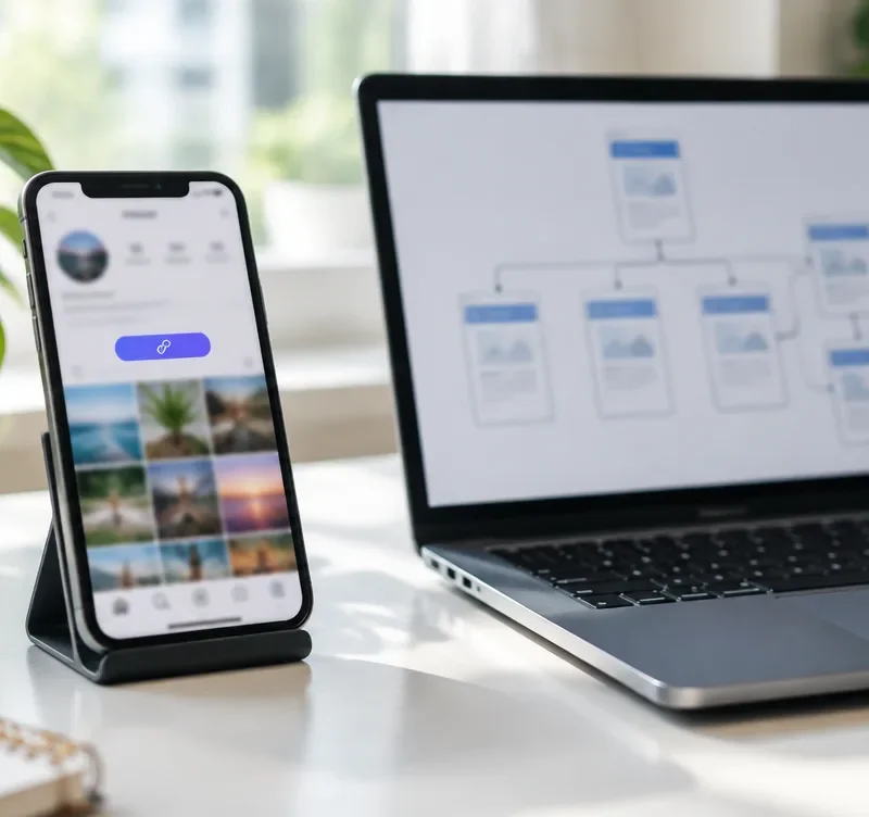 A phone showing a social profile with a link in bio next to a laptop showing a funnel diagram