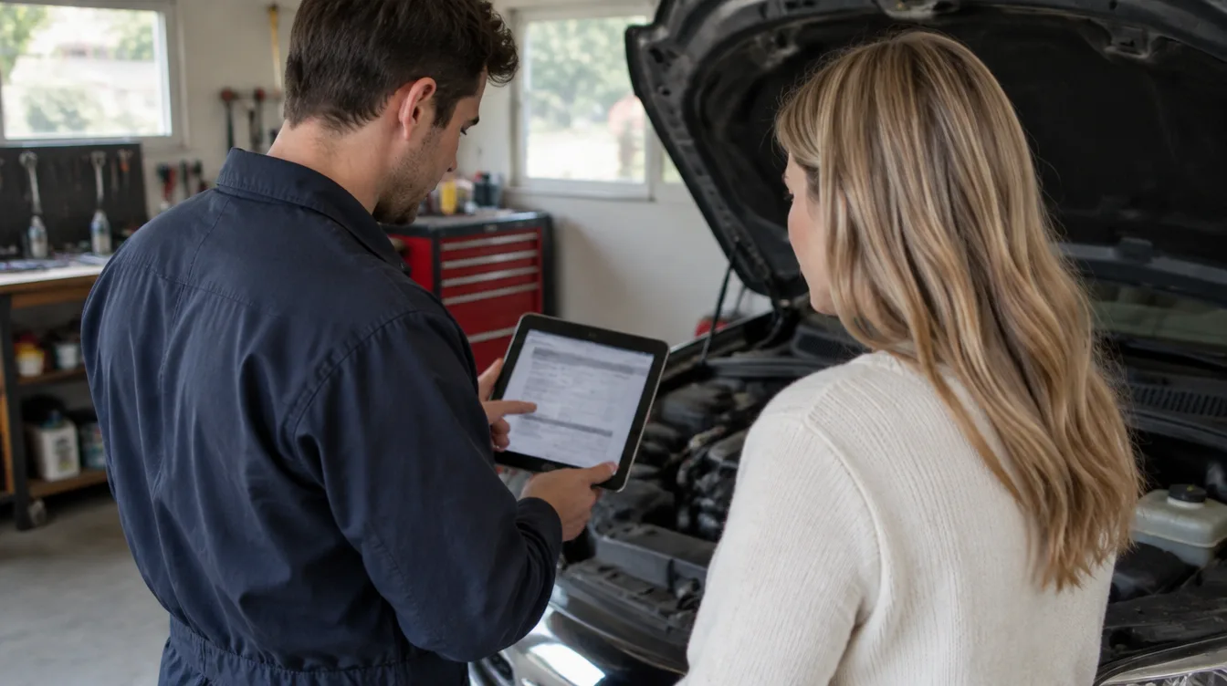 Mechanic showing a customer the repair estimate on a tablet inside a small garage