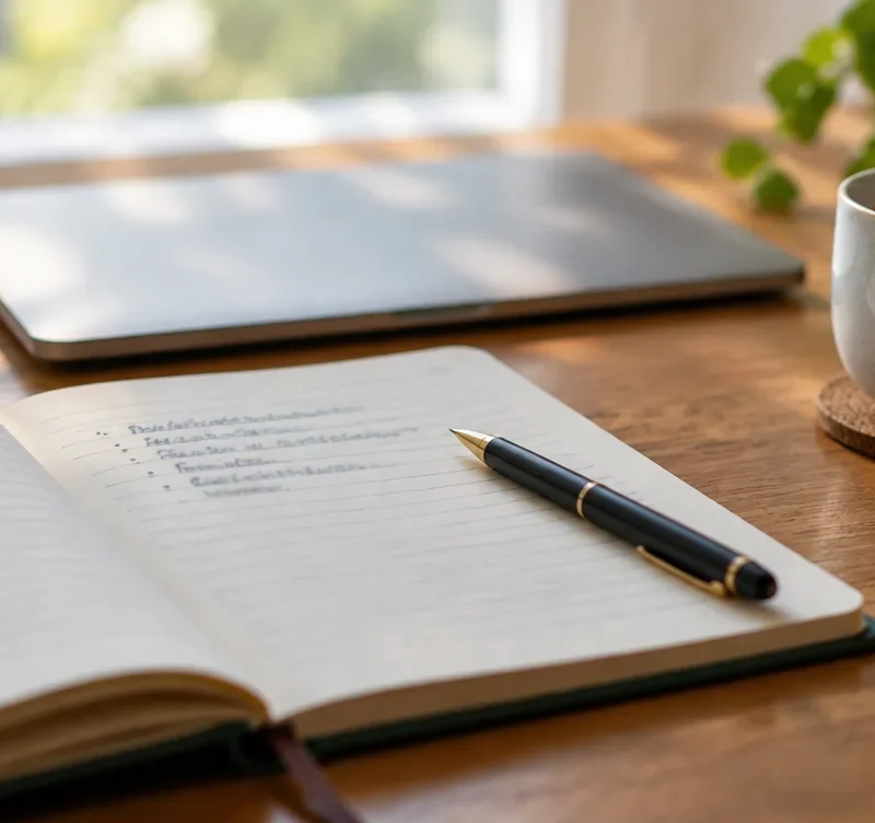 An open notebook with a pen on a desk, used to plan a landing page offer