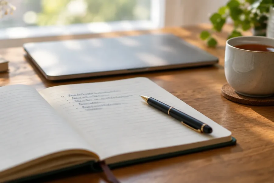 An open notebook with a pen on a desk, used to plan a landing page offer