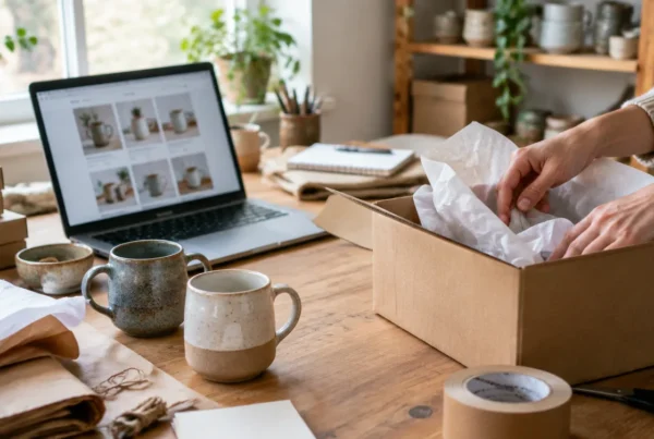 A small online store owner packing a ceramic mug into a shipping box next to a laptop